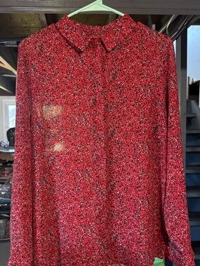 Women’s Sheer Red Printed Long-Sleeve Shirt